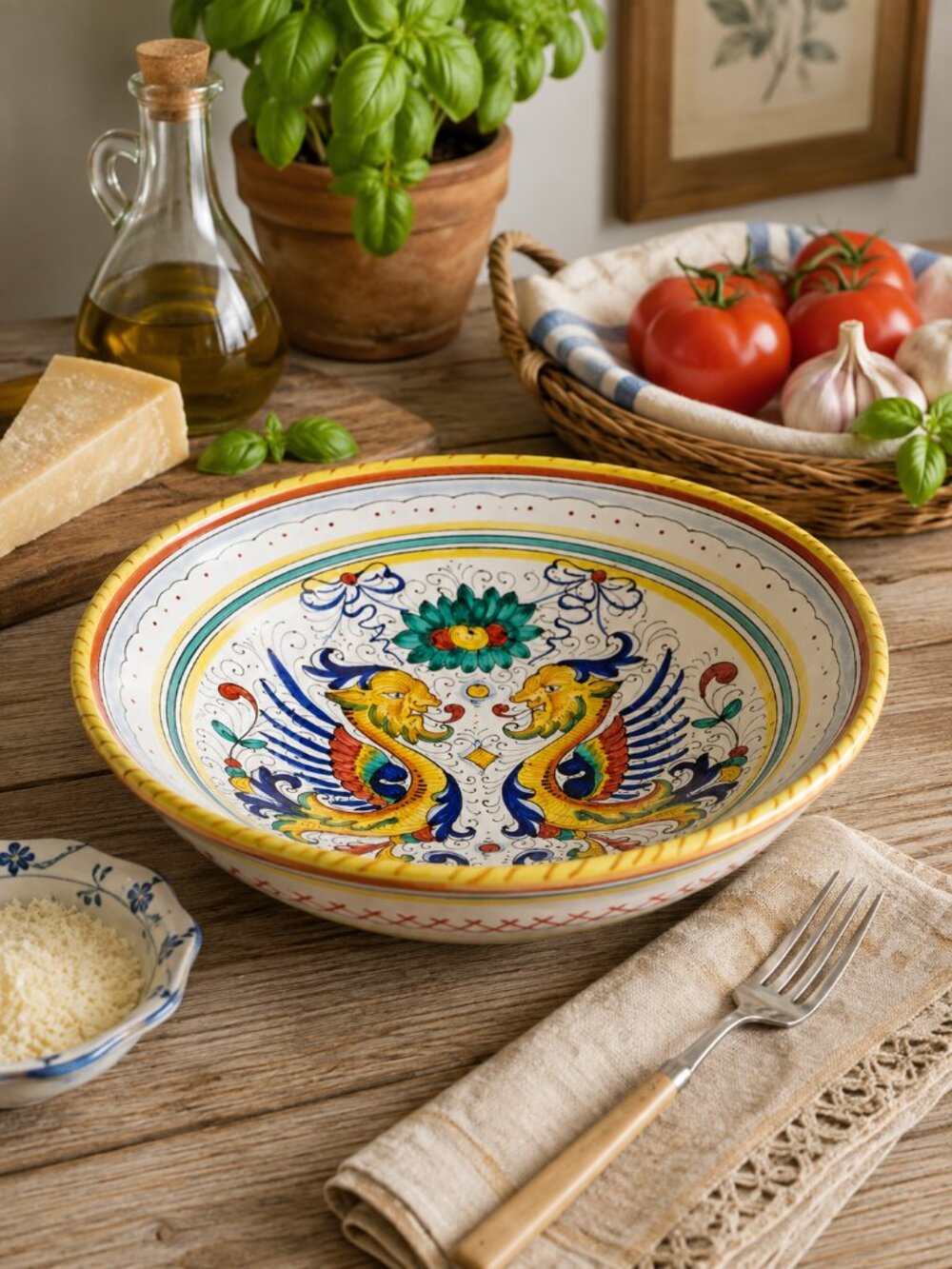 Vintage Deruta Renaissance Majolica Dragons Pasta Bowl 11.75 Italian Ceramic